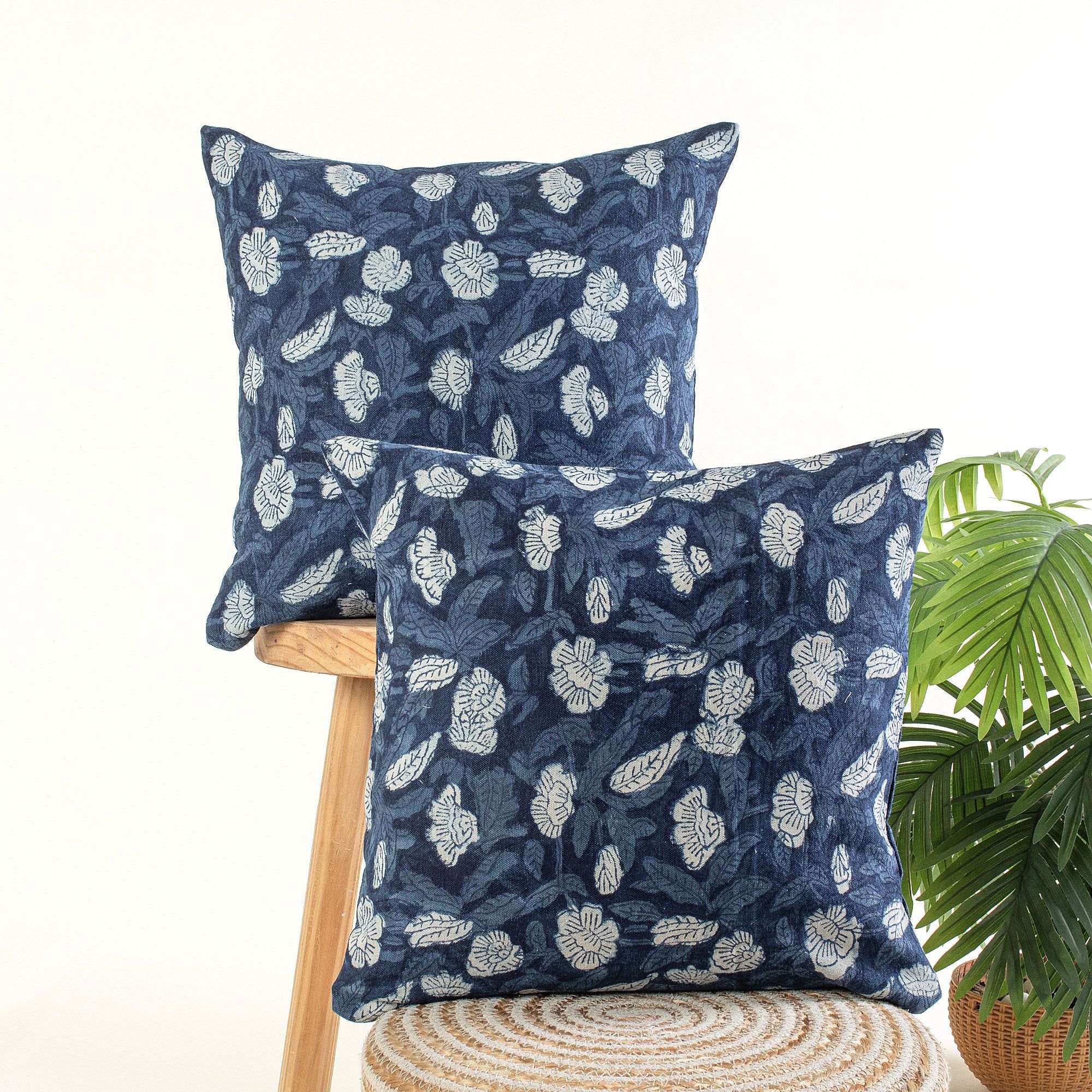 Hand Block Flower Print Indigo Canvas Cushion Cover